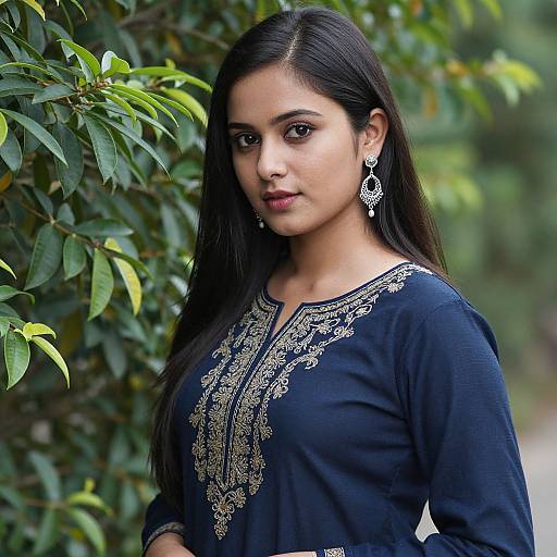Photograph of a young Indian woman with long black hair, wearing a navy blue embroidered top and ornate earrings, standing against a leafy green background