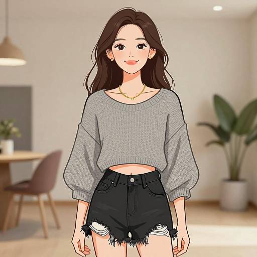 Digital anime-style drawing of a smiling young woman with long brown hair, wearing a gray sweater and black frayed shorts, standing in a modern, softly
