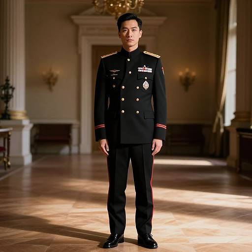 Photograph of an Asian man in a formal black military uniform standing in a sunlit, elegant, classical room with wooden floors.