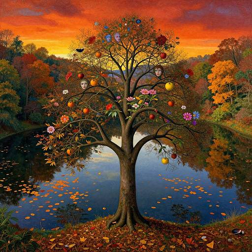 Photograph of a vibrant autumn tree adorned with colorful ornaments and flowers, reflected in a calm lake at sunset, surrounded by colorful foliage.