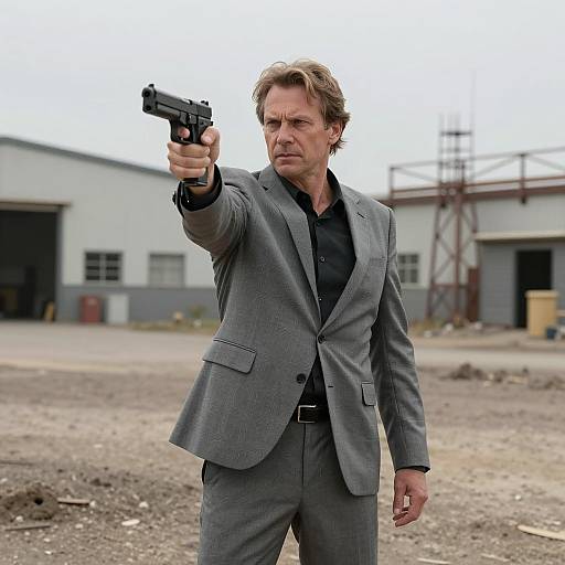 Focused Man with Handgun in Industrial Setting