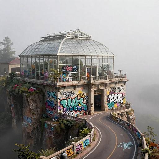 Photorealistic CGI of a foggy, graffiti-covered glass dome building perched on a rocky cliff, with a winding road curving up to it
