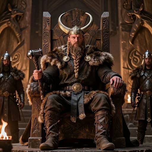 Photograph of a bearded Viking king with a horned helmet, fur robe, and large wooden throne, holding an axe, surrounded by guards in