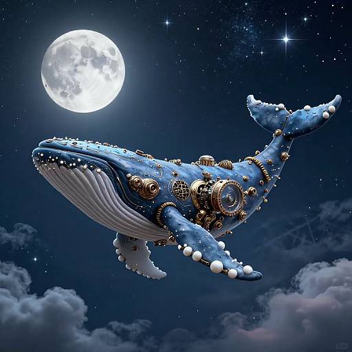 Fantastical CGI of a blue whale adorned with brass gears and pearls, flying under a bright full moon in a starry night sky.