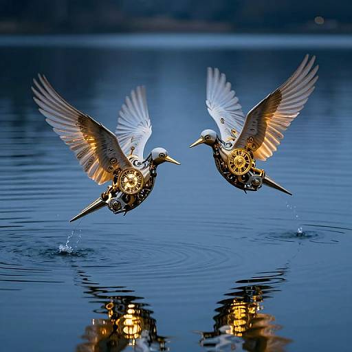 Mechanical Nightingales Over Tranquil Lake