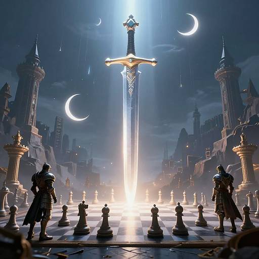 Digital fantasy artwork of two armored knights facing a radiant sword centerpiece in a moonlit, castle-filled chessboard arena at night.