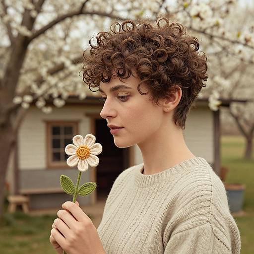 Photograph of a young woman with curly brown hair, holding a white daisy, wearing a beige sweater, in a spring garden with blooming trees