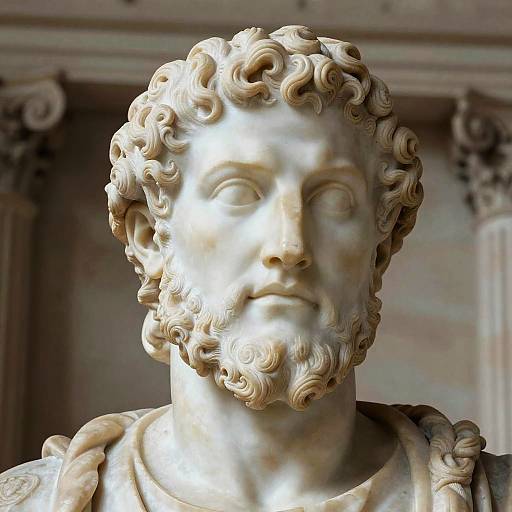 Photograph of a classical marble statue depicting a bearded man with curly hair, detailed facial features, and classical attire, set against a blurred architectural background