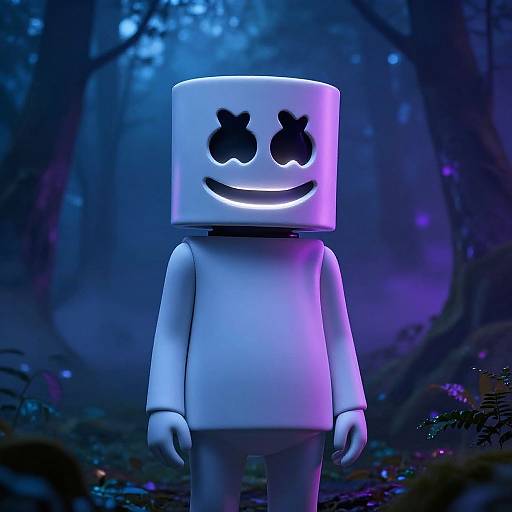 CGI image of a white, blocky, smiling character with black X-shaped eyes standing in a dark, blue-lit forest.