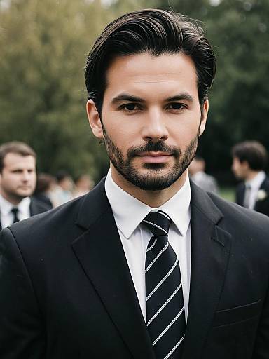 Handsome Groom in Black Suit at Outdoor Wedding