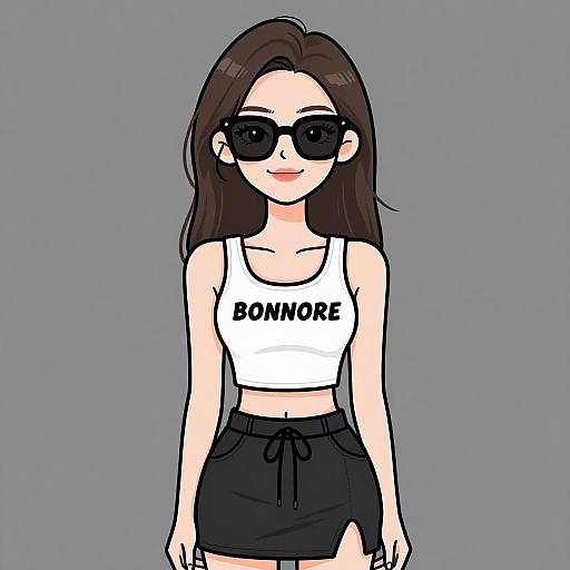 Digital anime-style drawing of a woman with long brown hair, black sunglasses, white 