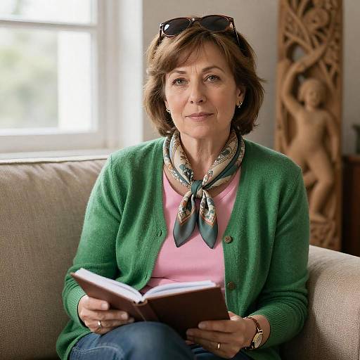 Middle-Aged Woman Reading Notebook Indoors