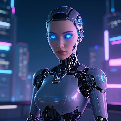 Digital CGI of a futuristic, blue-eyed, robot woman with sleek, metallic silver armor in a neon-lit cityscape. Her glowing eyes and cyber