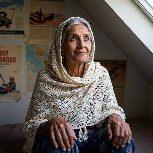 Photograph of an elderly woman with gray hair, wearing a white crochet shawl, sitting by a window, with vintage posters in the background. Sun