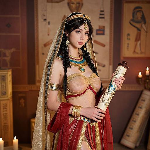 Photorealistic CGI of a fair-skinned, dark-haired woman in ancient Egyptian attire, holding a scroll, adorned with gold jewelry and turquoise, standing
