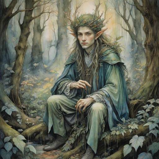 Fantasy Elf Sitting in Magical Forest