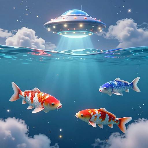 Photorealistic digital art: Three vibrant goldfish with red and white patterns swim below a glowing UFO, surrounded by blue water and white clouds in a