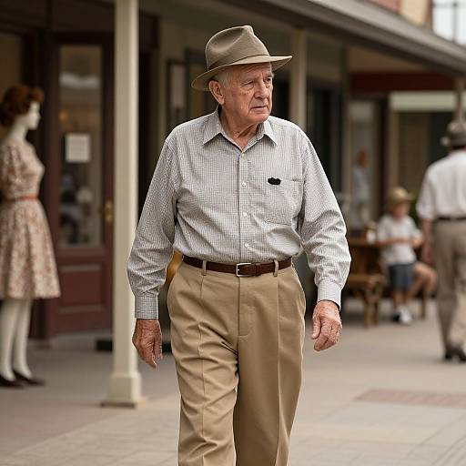 Photograph of an elderly white man in a gray checkered shirt, beige pants, and brown fedora walking on a street, with blurred background of