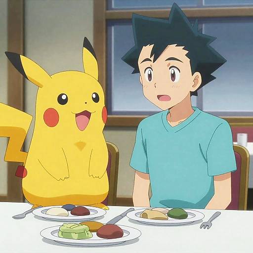 Pokemon Characters Goh and Pikachu at Meal