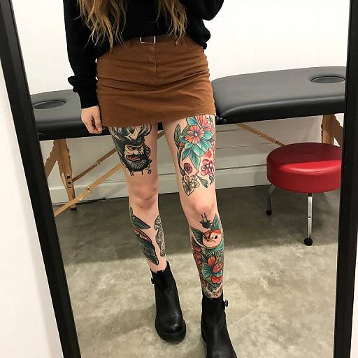 Photograph of a woman with long brown hair, black top, brown skirt, black boots, and colorful tattoos on her legs, standing in front of