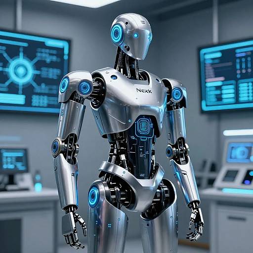 Photorealistic CGI image of a shiny, silver humanoid robot with blue glowing eyes and joints, standing in a high-tech control room with multiple blue-l