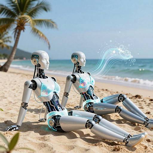 Humanoid Robots in Glowing Bikinis on Beach