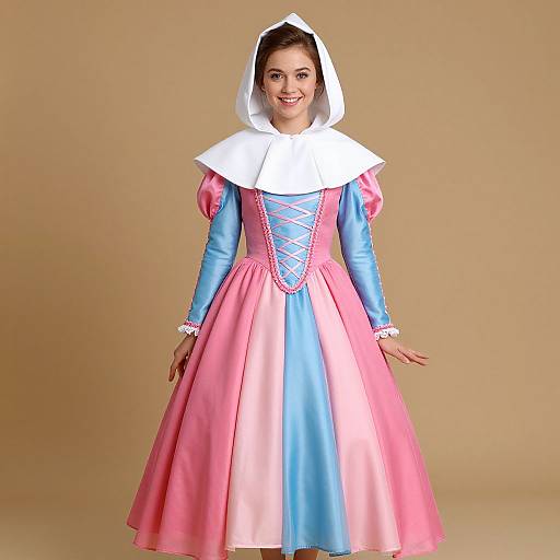 Photograph of a smiling woman in a Blue Fairy costume with pink and blue dress, white bonnet, and corset-style lacing.