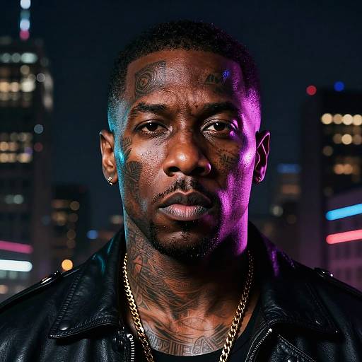 Photograph of a tattooed African-American man with short hair, wearing a black leather jacket and chain, illuminated by colorful city lights at night, with