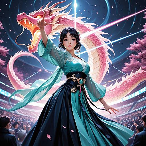 Digital art: Asian woman with black hair, teal kimono, and black skirt, stands confidently, pointing at a glowing pink dragon behind her, in