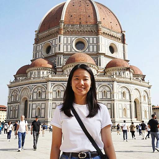 Photograph of an Asian woman with straight black hair, white t-shirt, and black shoulder bag, smiling in front of Florence's Cathedral of Santa Maria