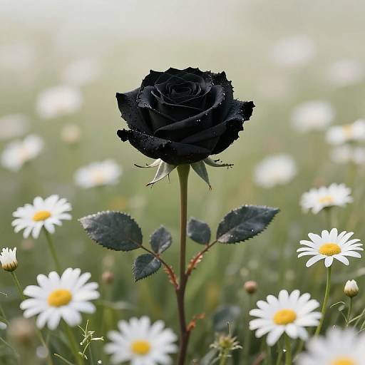 Photograph of a solitary black rose with dewy petals, surrounded by white daisies, with a blurred green background.