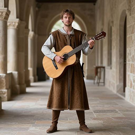 Photograph of a bearded man with curly brown hair, wearing medieval attire, standing in a stone hallway, playing an acoustic guitar.