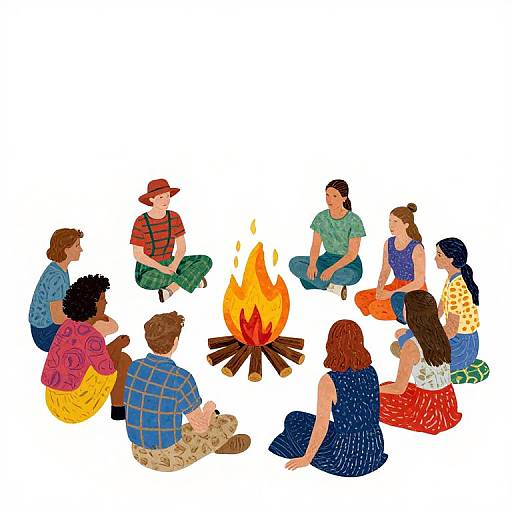 Illustration of eight diverse people, sitting around a campfire, wearing colorful, casual clothing, in a circular arrangement on white background.