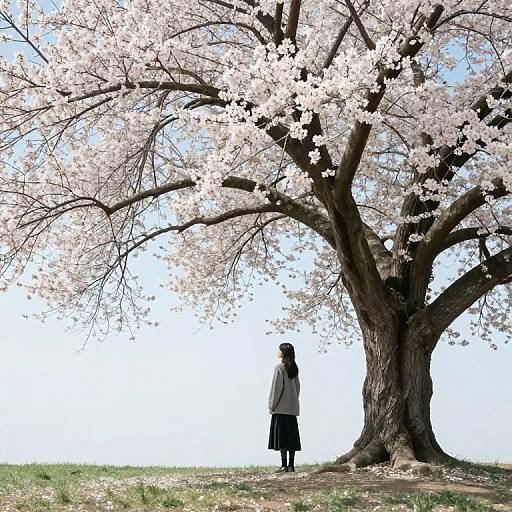 Silhouetted girl under blooming cherry tree with white petals, wearing black skirt and white top, standing on grassy field. Digital art.