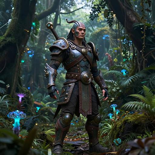 Loken: Armored Guardian in Bioluminescent Jungle