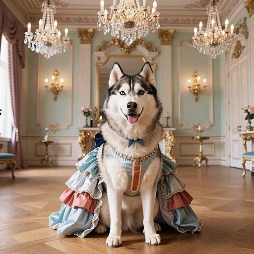Victorian Husky in Wes Anderson Ballroom