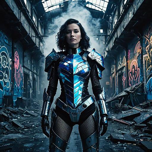 Woman in Futuristic Iridescent Armor in Abandoned Industrial City