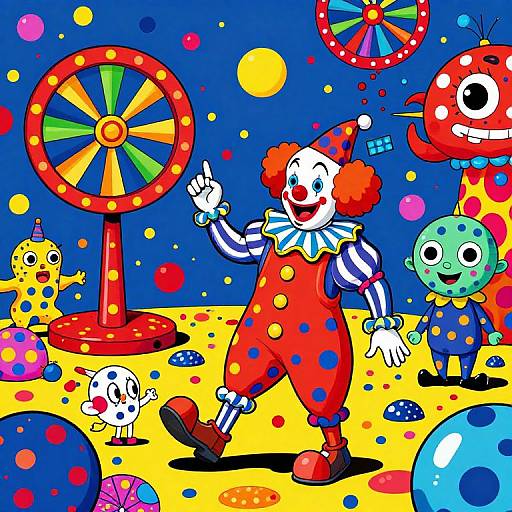 Vibrant cartoon circus scene: smiling clown with red polka-dot suit, colorful background, spinning wheel, colorful balloons, and whimsical creatures.