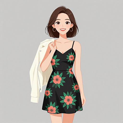 Digital illustration of a smiling woman with short brown hair, wearing a black floral dress, holding a white jacket, against a light blue background.