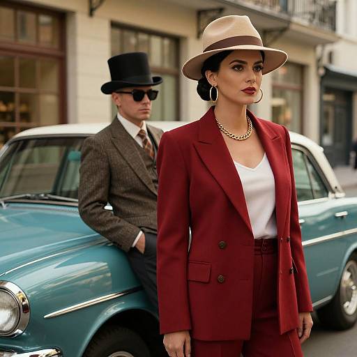 Photograph: Confident woman in red blazer, white shirt, gold necklace, beige hat, large hoop earrings, stands beside blue classic car;