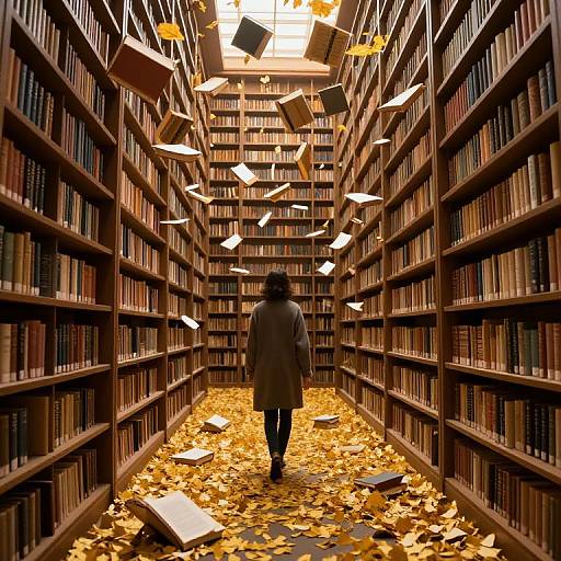 Photograph of a person in a long coat, walking down a narrow library aisle with floating books and autumn leaves on the floor. Warm, overhead lights
