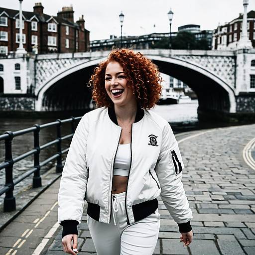 Laughing woman in white activewear near historic London bridge