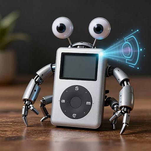 Photograph of a robotic iPod with silver, mechanical spider legs, large eye-like sensors, and a blue holographic interface on a wooden surface.