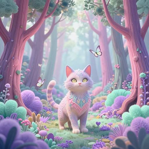 Digital art of a pink and white cat with yellow eyes, standing in a whimsical, colorful forest with glowing mushrooms, butterflies, and sunlit trees