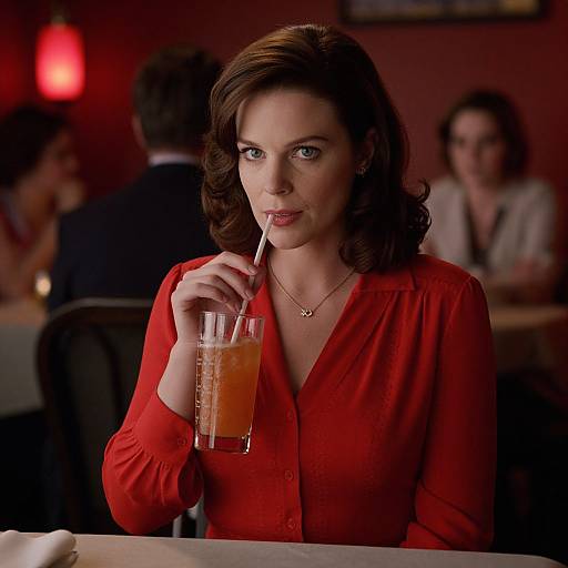 Photograph of a woman with fair skin, brown wavy hair, wearing a red blouse, sipping an iced drink in a dimly lit