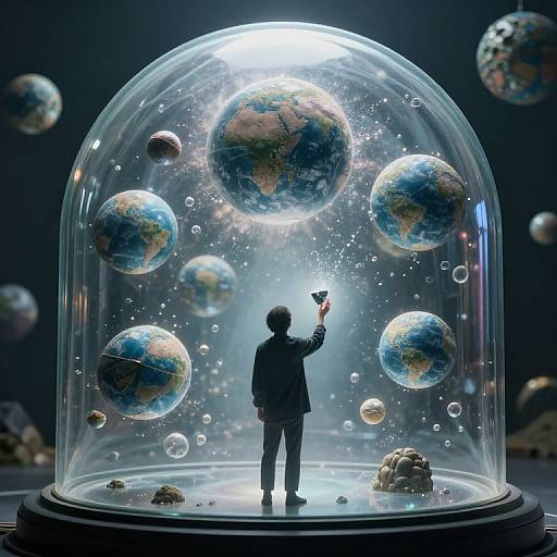 Photorealistic digital artwork of a small figure in a dark suit, holding a butterfly, standing under a dome containing floating, illuminated Earths and asteroids