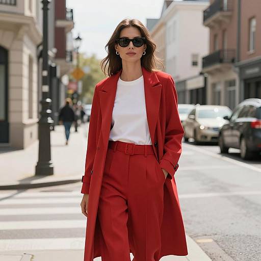 Woman in Red Suit Walking on City Street