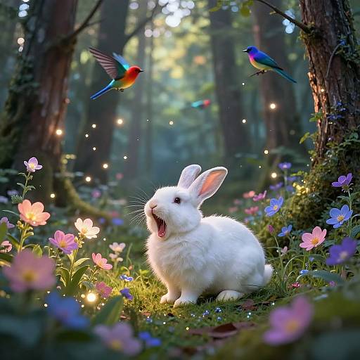 Photograph of a fluffy white rabbit with pink ears, sitting in a magical forest of colorful flowers, surrounded by two vibrant hummingbirds and glowing fairy lights