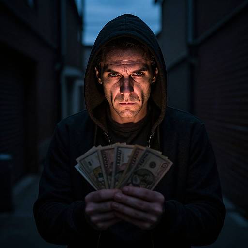 Photograph of a menacing man in a dark hoodie, holding several dollars, illuminated by intense red light, in a dim alley at dusk.