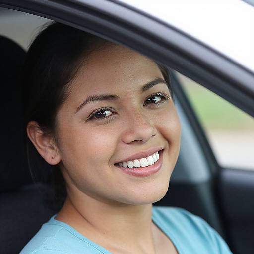 Photograph of a smiling young woman with light brown skin, dark brown eyes, and black hair, wearing a light blue shirt, seated in a car